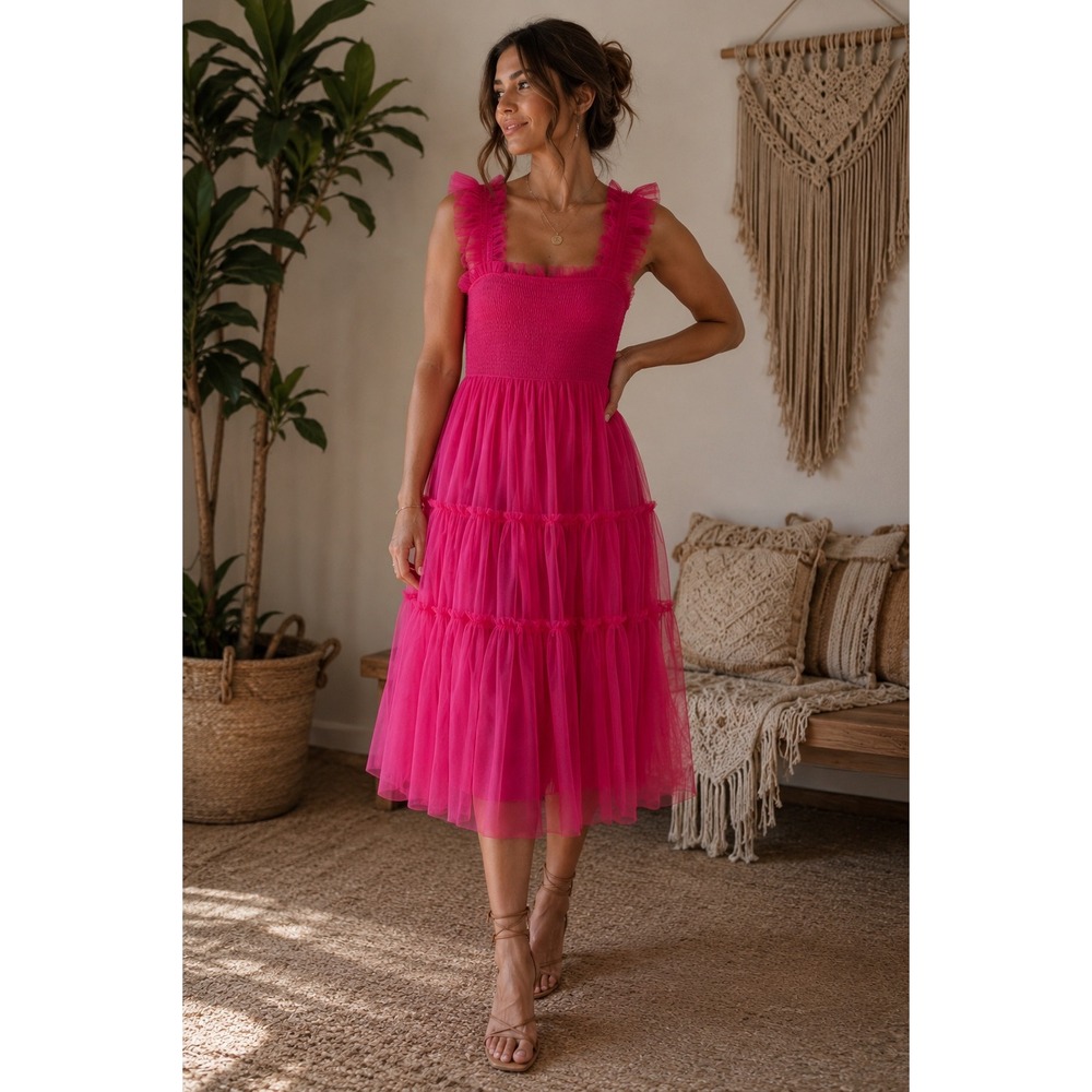 Baltic Born Pink Tulle Smocked Tiered Midi Dress Ruffle Strap XS